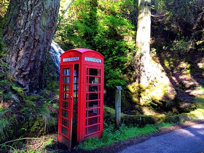 Red Phone Booth by Waterfall- Scotland with Kids Itinerary